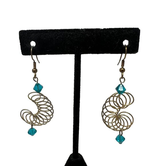 Handcrafted‎ Earrings Blue Beaded Crystal Pierced Spiral Loops Dangle Wire - Picture 1 of 8